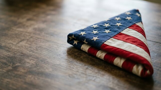 Folded american flag on a rustic wooden table