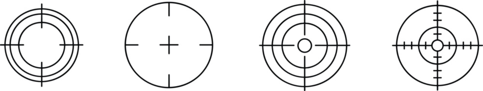 Crosshair target aim line icons, circular radar scope cross reticle symbols for sniper shooting, weapon sight, business focus goal, and digital gaming interface