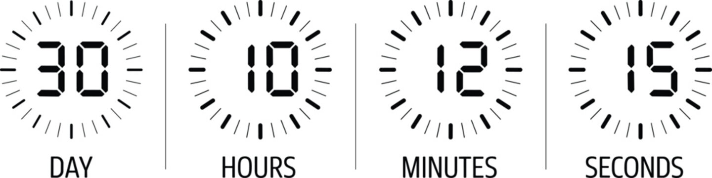 Digital countdown timer, web incoming event webpage dials, day hours minutes seconds numbers, circular watch UI dashboard clocks,