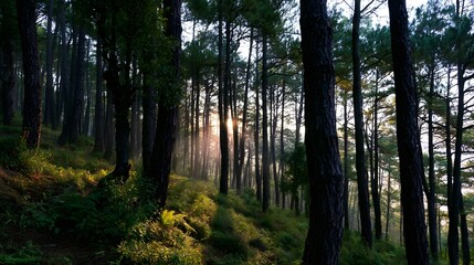 Obraz premium Golden morning sunlight streams through a dense pine forest creating a serene and tranquil atmosphere