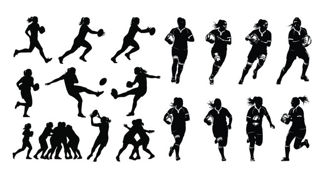 Women rugby players silhouette collection on a white background athlete