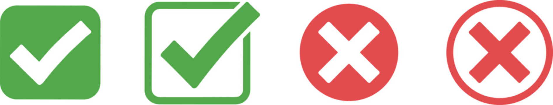Green check mark and red cross icons, approval checkbox and rejection circle symbols, true false test flat illustration