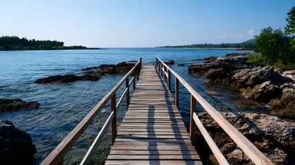 Naklejka premium A long wooden walkway extends over calm blue water offering a peaceful and scenic view of the natural landscape under bright sunlight