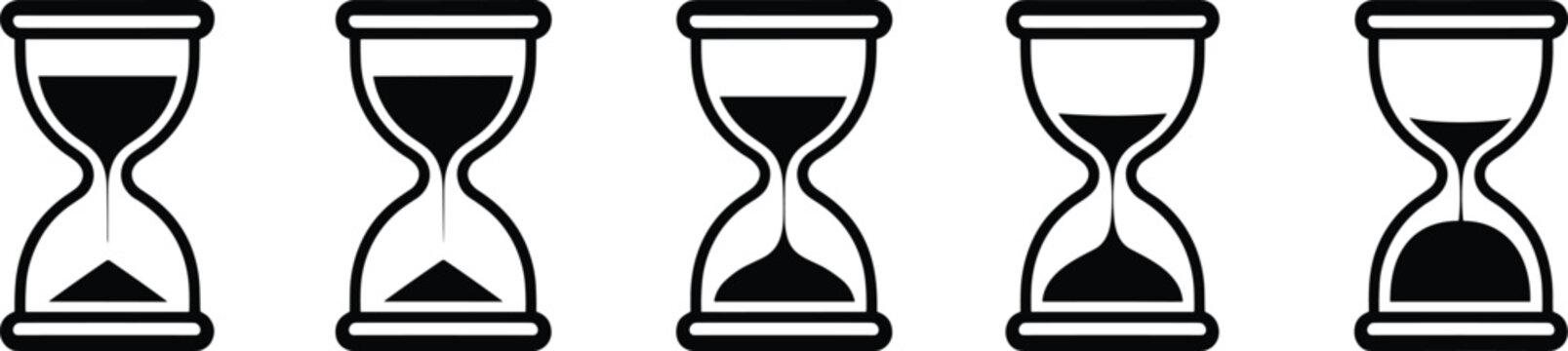 Hourglass loading process outline icons, sandglass timer symbols for business deadline, history time tracking, duration, waiting, and management