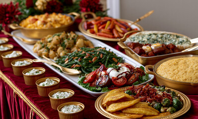 Fototapeta premium luxury upscale casual birthday party sides spread, long buffet table with red velvet linen and gold accent details