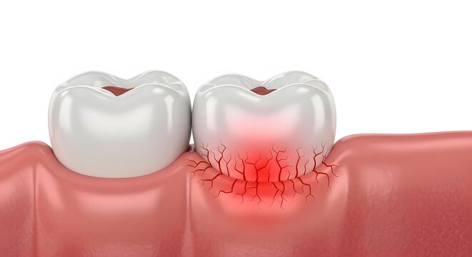 Glowing red inflamed gum tissue around a molar. Periodontal disease and severe gingivitis infection. Unhealthy tooth suffering from deep nerve pain and bacterial decay.