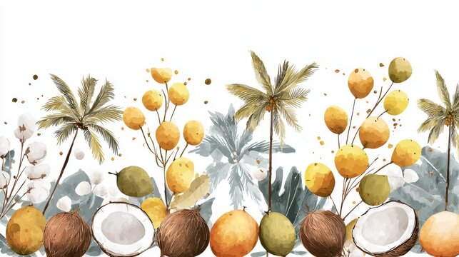 58.Creative doodle vector border with coconut motifs, hand drawn textures, abstract decorative elements, fresh tropical illustration style