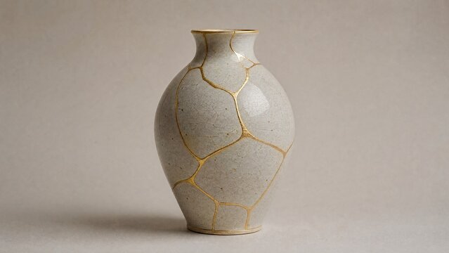 Shattered ceramic vase repaired with golden lacquer, kintsugi art on simple background.