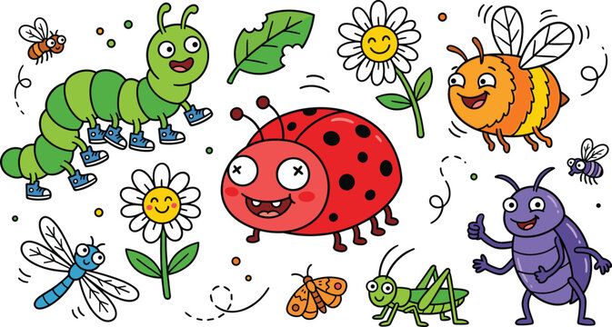 Cute garden insects and bugs vector illustration set featuring cartoon caterpillar wearing shoes ladybug honeybee dragonfly grasshopper beetle and smiling daisy flowers.