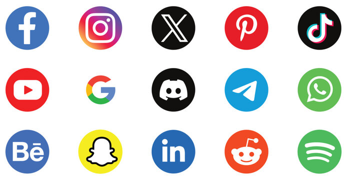 Popular Social Media Network Icons Circle Buttons Collection 2026. Facebook, Instagram, Twitter X, YouTube, LinkedIn, WhatsApp, Telegram and TikTok. Round Vector App Logo Set