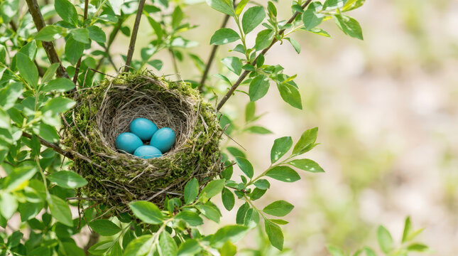 Bird nest with four bright blue robin eggs in a green leafy bush. Spring wildlife and nature concept close up