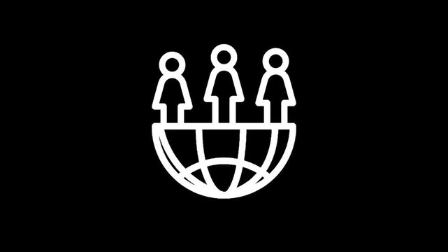 Global team of people standing on a stylized globe icon representing unity and connection