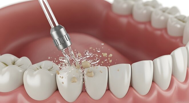 High pressure water jet breaking hard plaque and tartar on tooth surface. Dental calculus removal and deep cleaning. Oral irrigator tool washing away stubborn dirt from healthy enamel.