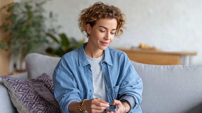 Young woman testing blood sugar at home on couch