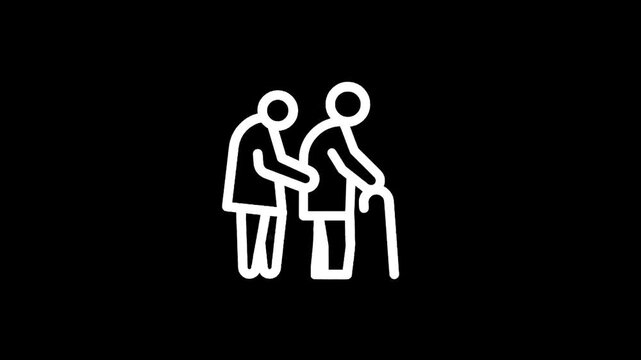Icon of a younger person assisting an elderly person with a cane on a black background
