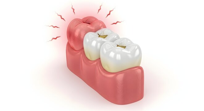 Inflamed red tooth showing signs of severe pain and infection. Dental emergency and gingivitis concept. Root canal disease indicator flashing over a molar.
