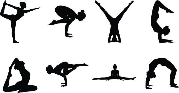 Vector collection of woman silhouettes practicing advanced yoga poses including handstand crow pose split bridge and king pigeon isolated on white background