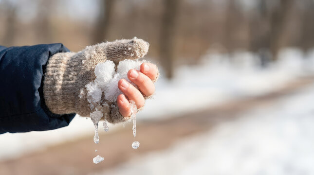 Child hand in knit glove holding melting snow. Close up of water droplets dripping from melting ice in winter park. Thawing and spring transition concept