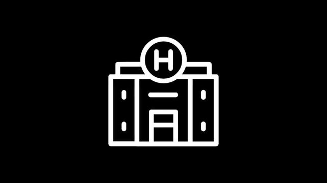 Simple white hospital building icon with H symbol on black background