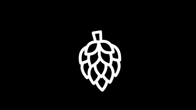 Simple white line art icon of a hop cone on a black background
