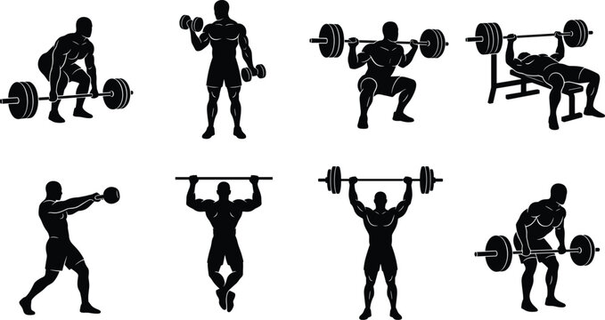 Vector collection of bodybuilder silhouettes performing gym exercises including deadlift bench press squat overhead press and barbell rowing isolated on white background
