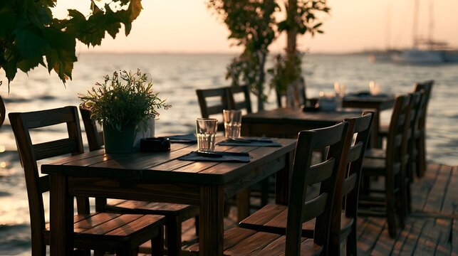 Warm wooden outdoor seating set against a blurred seaside backdrop creates a peaceful and romantic vacation atmosphere