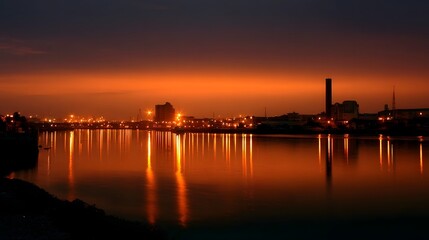 Fototapeta premium Warm city lights reflect beautifully on the water during a tranquil twilight scene