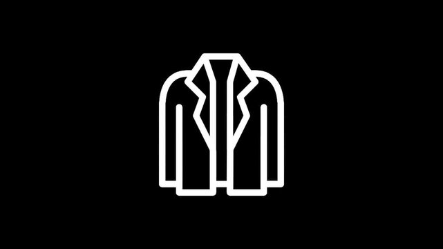 Simple white outline icon of an open blazer jacket on a black background