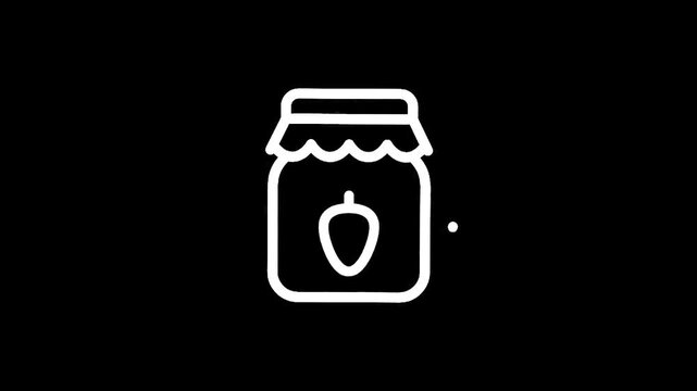 Simple white line icon of a jar filled with strawberry jam on a black background
