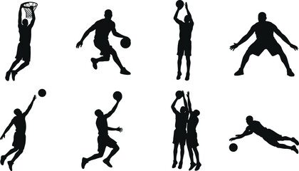 Black vector silhouettes of basketball players in action including dunking dribbling shooting defending and diving isolated on white background © Saminur