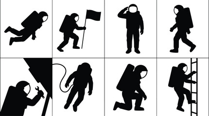 Black vector silhouettes of astronauts in various poses including spacewalking planting flag saluting repairing and climbing isolated on white background © Saminur