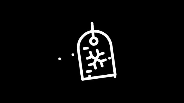 Winter sale tag with snowflake icon and falling snow dots, simple line art on black