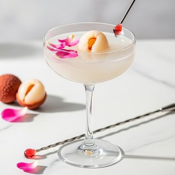 Lychee & Rose Water Martini: A translucent, milky-white elegant drink in a coupe glass, Whole peeled lychees and pink rose petals, Silver stirrer, droplet of rose syrup, white marble counter, soft mor