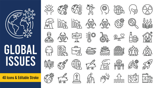 Global Issues web icons in line style. Сlimate change, warming, plastic pollution, inequality, deforestation, poverty, refugee, economic crisis, collection. Editable stroke. Vector illustration.