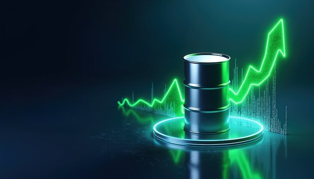 Oil barrel on pedestal with green upward trending graph background. Global energy market growth concept. Crude oil price increase, business finance.