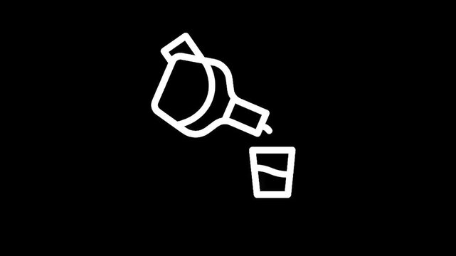 Minimalist white line art of pouring liquid from a bottle into a glass on black background