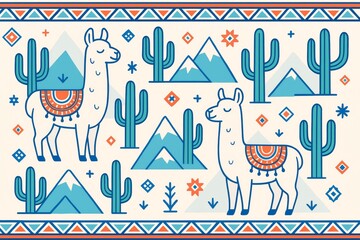 Fototapeta premium Llamas and cacti in stylized Andean desert landscape with mountains and tribal patterns on light abstract background in flat colorful style. Ai generative