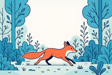 Fototapeta premium Running fox in stylized forest with blank background space perfect for creative design, poster, banner or promotional template concept. Ai generative