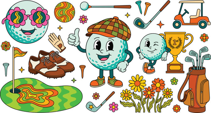 Retro groovy golf clip art vector illustration bundle featuring vintage mascot characters, hippie patterns, club equipment bag, trophy, and classic shoes.