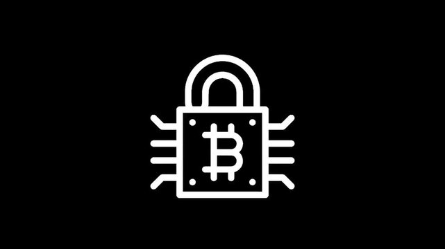 Bitcoin security icon with padlock and microchip, representing cryptocurrency protection and digital safety