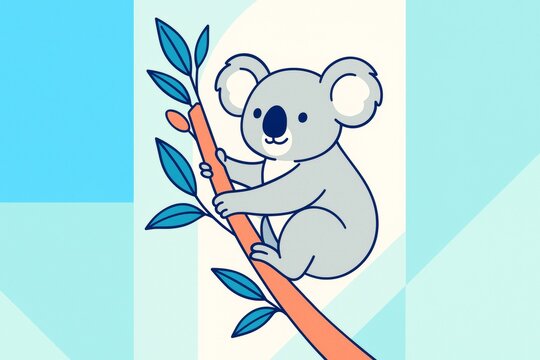Cute cartoon koala climbing a tree with colorful leaves on a light abstract geometric background. Children's nature concept illustration.. Ai generative
