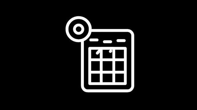 Simple line icon of a calculator with a circular button next to it on a black background