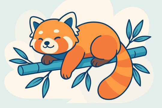 Cute cartoon red panda sleeping on a branch with blue leaves and soft light background expressing peacefulness and joy in creative style. Ai generative
