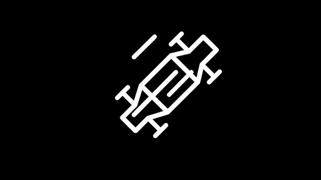 Minimalist white line art icon of a skateboard in motion on a black background