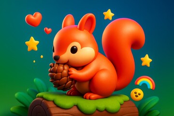 Obraz premium Cute cartoon squirrel holding pine cone with hearts, stars, and rainbow on colorful background, symbolizing love and happiness concept. Ai generative