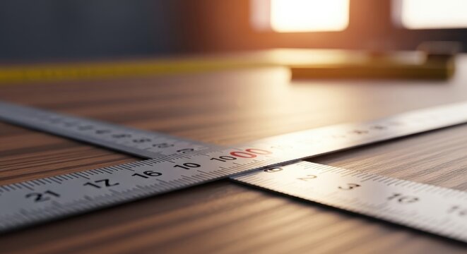Close-up of intersecting metal rulers with precise markings on a wooden surface illuminated by warm sunlight