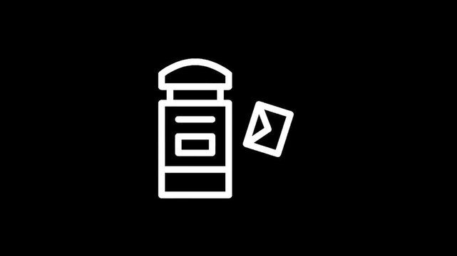 Simple white icon of a mailbox with an envelope flying towards it on a black background