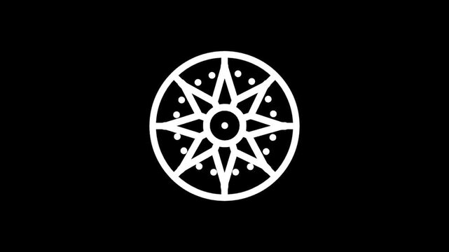 Stylized white sun symbol with eight points on a black background