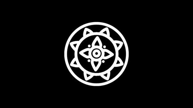 Stylized white mandala symbol on a black background, representing harmony and balance