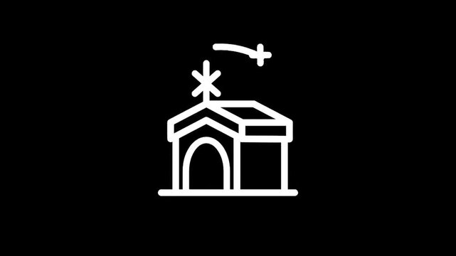 Simple line art icon of a nativity stable with a star of Bethlehem overhead